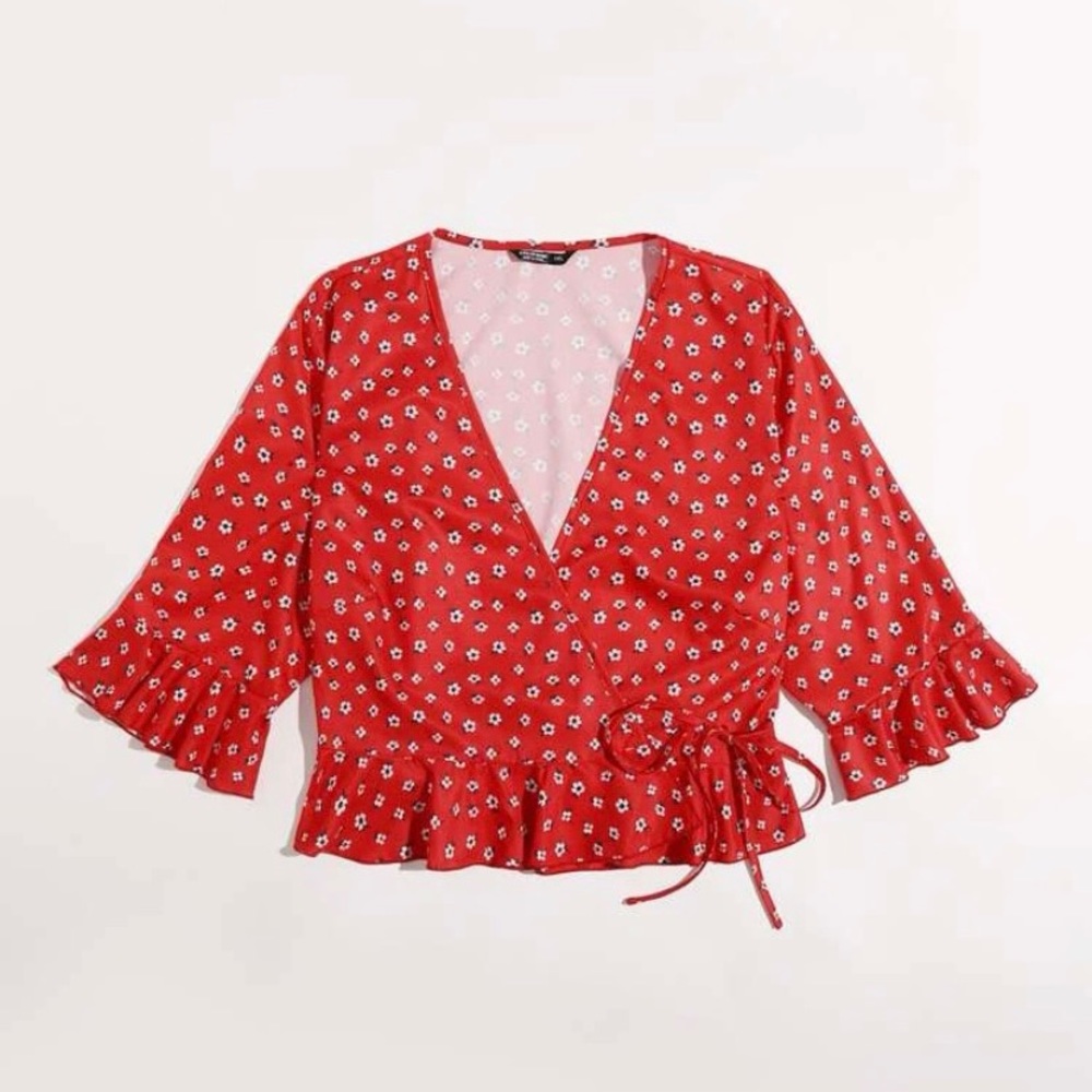 Plus Ditsy Floral Tie Front Wrap Blouse